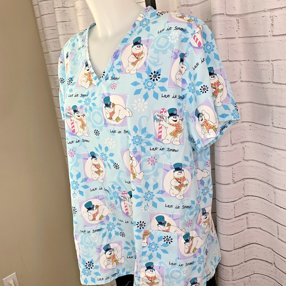 Frosty Snowman Let It Snow Scrub Top XL Women 2 Pocket AOP Medical Cartoon - Picture 4 of 5